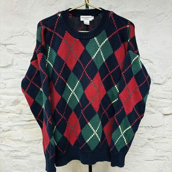 Abercrombie & Fitch Men's Crewneck Sweater Argyle Blue Red Green Vintage 90s - Picture 1 of 6